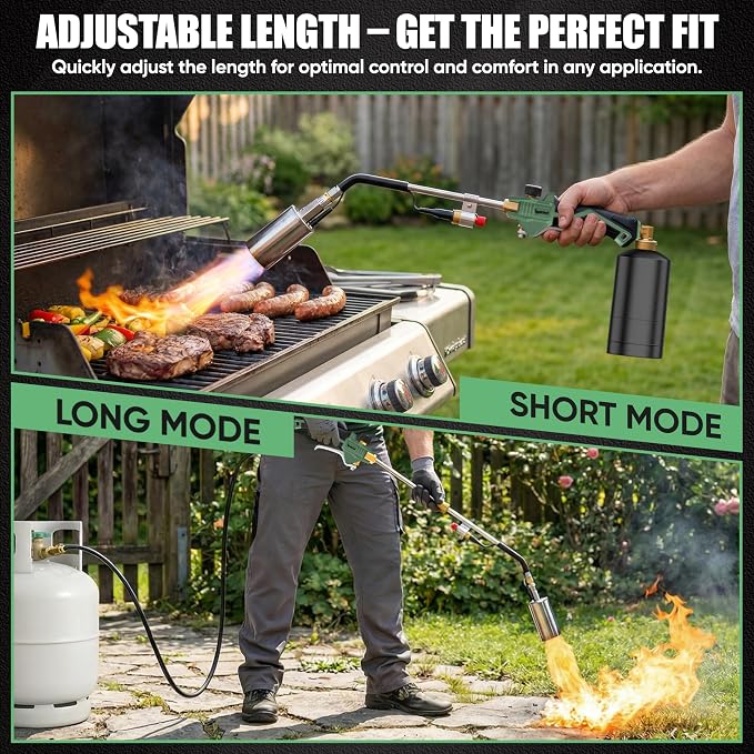 Propane Torch Weed Torch Kit Heavy Duty-340,000 BTU Weed Burner with 2 Extension Modes, Piezo Trigger(Self Igniting)&12.5ft Hose, Multi-Fuel Compatible(1lb-100lb) for Weeds, Ice Melting