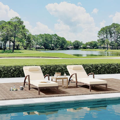 Garvee Outdoor Chaise Lounge Chairs Set of 2, PE Rattan Wicker Patio Lounge Chairs with 5-Position Adjustable Backrest, 3.5" Cushions & Wheels, 380 lbs Capacity Heavy Duty Pool Lounge Chair, Beige