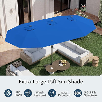 PatioKingdom 15FT Large Patio Umbrella with Base, Double Sided Rectangular Outdoor Umbrella with Sturdy Fiberglass Ribs, Market Umbrella for Pool,Garden,Backyard,Deck (Royal blue, 15FT)