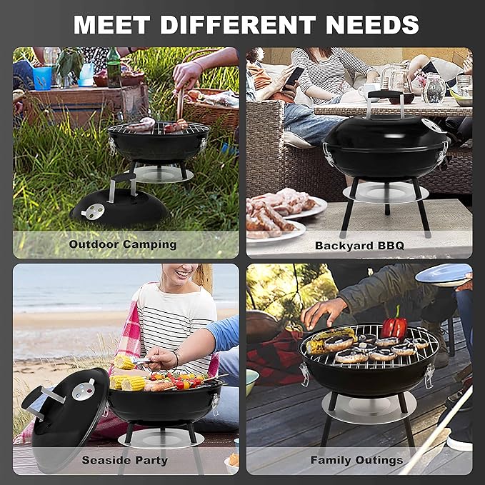 14 inch Charcoal Grill, Joyfair Small Portable BBQ Grill with Locking Lid for Outdoor Camping/Patio/Backyard Barbecue/Tabletop Cooking, Enamel Coated & Dual Vent System (Black)