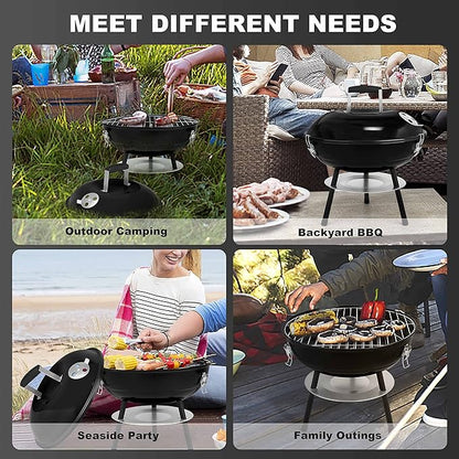 14 inch Charcoal Grill, Joyfair Small Portable BBQ Grill with Locking Lid for Outdoor Camping/Patio/Backyard Barbecue/Tabletop Cooking, Enamel Coated & Dual Vent System (Black)