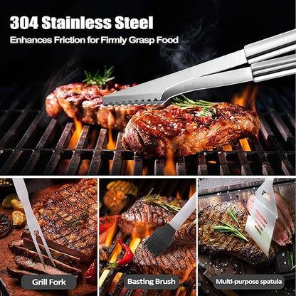 Grandpa Gifts from Grandkids, Fathers Day Grandpa Grilling Accessories Gift, Heavy Duty Stainless Steel BBQ Grill Tools for Outdoor Grill with Aluminum Case, Grill Utensils Set on Birthday(Bag)