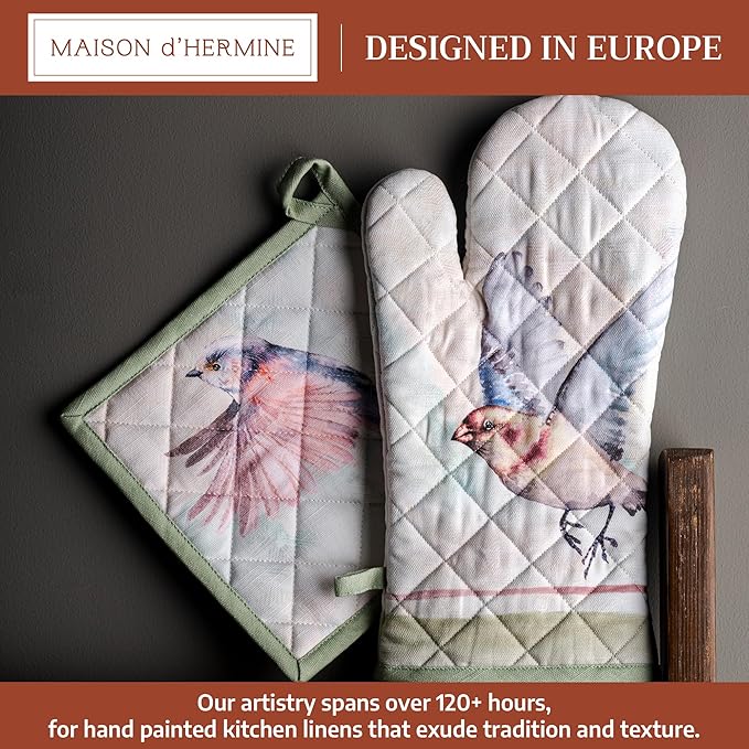 Maison d' Hermine 100% Cotton Oven Mitt & Pot Holder Set (7.5"x13" & 8"x8") Heat Resistant BBQ Cooking Gloves with Loop Baking Grilling Kitchen Hotel Home Farmhouse Spring Summer (Flying Birds)