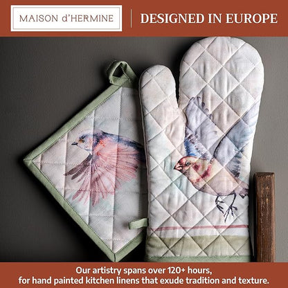 Maison d' Hermine 100% Cotton Oven Mitt & Pot Holder Set (7.5"x13" & 8"x8") Heat Resistant BBQ Cooking Gloves with Loop Baking Grilling Kitchen Hotel Home Farmhouse Spring Summer (Flying Birds)