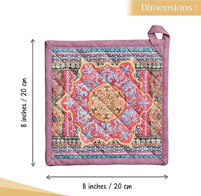 Maison d' Hermine Pot Holders Set 100% Cotton Heat Resistant Potholders 8" x 8" Hot Pads with Loop for Thanksgiving Christmas Decorations BBQ Cooking Baking Handling Hot Pans (Pack of 2, Ispahan)