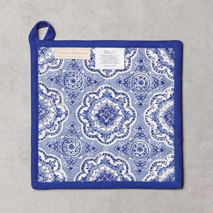Maison d' Hermine Pot Holders 100% Cotton Heat Resistant Potholders 8" x 8" Hot Pads with Loop BBQ Cooking Baking Hotel Farmhouse Kitchen Handling Hot Pans Spring Summer (Pack of 2, Melodie Bleue)