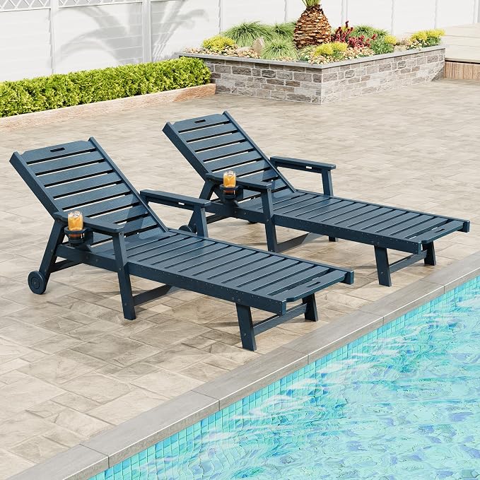 Garvee Lounge Chair Outdoor Set of 2 with Wheels & 5-Position Adjustable Backrest, Oversized Chaise Lounge with 2 Move Handle, HDPE Lounge Chair w/Detachable Cup Holder, for Patio, Pool,Navy Blue