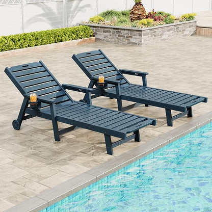 Garvee Lounge Chair Outdoor Set of 2 with Wheels & 5-Position Adjustable Backrest, Oversized Chaise Lounge with 2 Move Handle, HDPE Lounge Chair w/Detachable Cup Holder, for Patio, Pool,Navy Blue