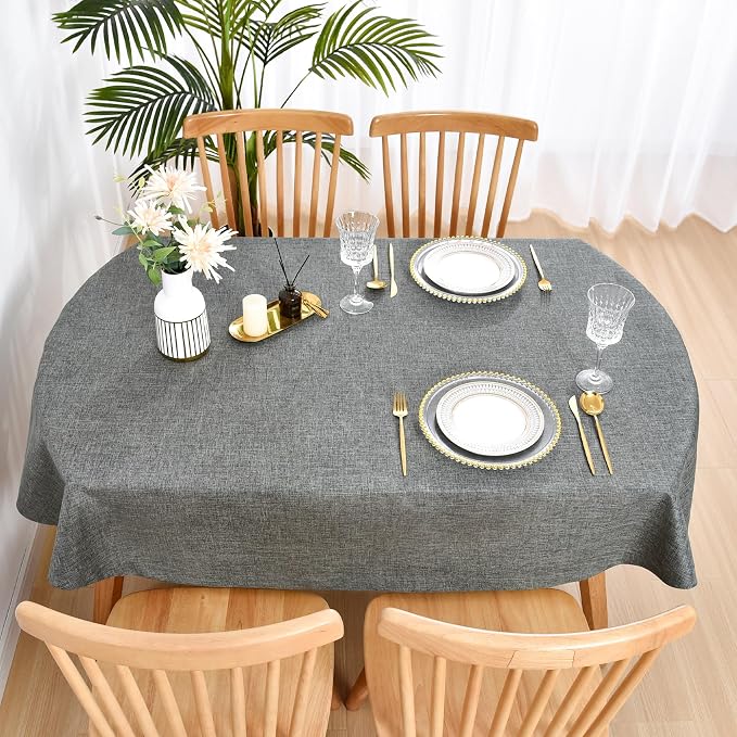 Wolkemer Faux Linen Oval Tablecloth 60 x 102 Inch Charcoal Table Cloth | Heavy Duty Wrinkle Resistant Fabric Table Cloth, Farmhouse Rustic Oval Table Cover for Kitchen Dining Indoor Outdoor Tabletop