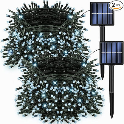 Dazzle Bright 2 Pack Total 400LED 132FT White Christmas Solar String Outdoor Lights, Solar Powered with 8 Modes Waterproof Fairy Lights for Bedroom Patio Garden Tree Party Yard Decoration