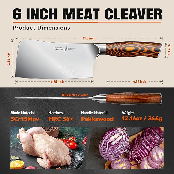 TUO Meat Cleaver Knife, 6 inch Sharp Multi-Purpose Chopper for Meat Vegetable Cutting, German High Carbon Steel Butcher Knife with Pakkawood Handle