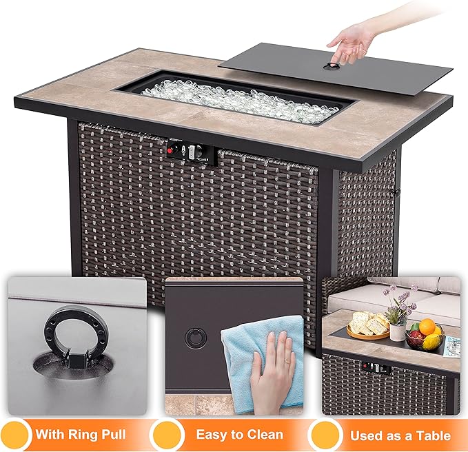 Nuu Garden Outdoor 43 Inch 50,000 BTU Propane Gas Fire Pit Table, Propnae Fire Pit with Ceramic Tabletop, Oxford Cover, Dark Brown and Coffee