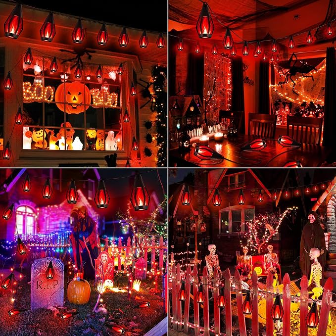 iBaycon 27FT 10 LED Solar Flame Halloween String Lights Outdoor, Red | Ultra-Real Flickering Flame Lamp Outdoor Waterproof, Solar Patio String Lights for Garden Yard Lawn Halloween Decorations