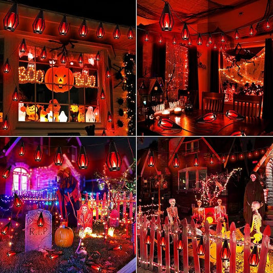 iBaycon 27FT 10 LED Solar Flame Halloween String Lights Outdoor, Red | Ultra-Real Flickering Flame Lamp Outdoor Waterproof, Solar Patio String Lights for Garden Yard Lawn Halloween Decorations