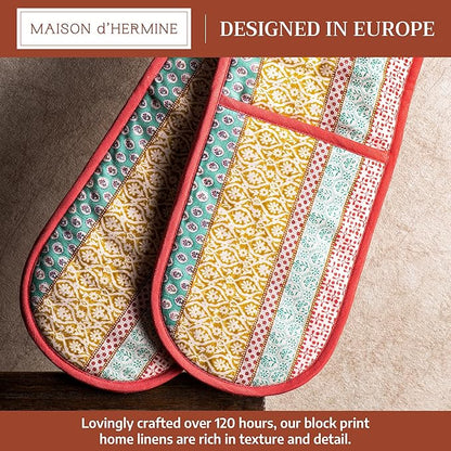 Maison d' Hermine Double Oven Mitts 100% Cotton 7"x35" Double Oven Mitt Heat Resistant BBQ Cooking Gloves with Loop Baking Grilling Kitchen Hotel Home Farmhouse Spring Summer (Provence)