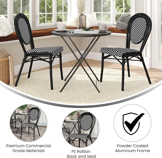 Flash Furniture Lourdes Indoor/Outdoor Commercial Thonet Bistro Stack Chair - Black/White PE Rattan Back and Seat - Black Metal Frame - Set of 2
