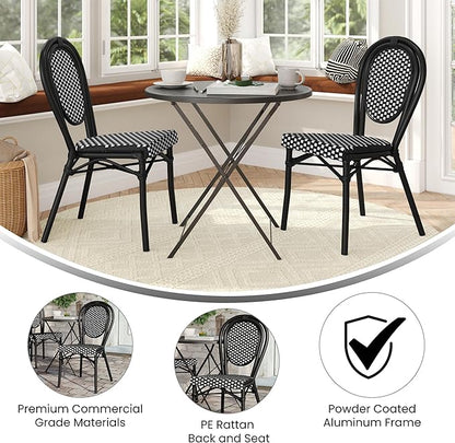Flash Furniture Lourdes Indoor/Outdoor Commercial Thonet Bistro Stack Chair - Black/White PE Rattan Back and Seat - Black Metal Frame - Set of 2