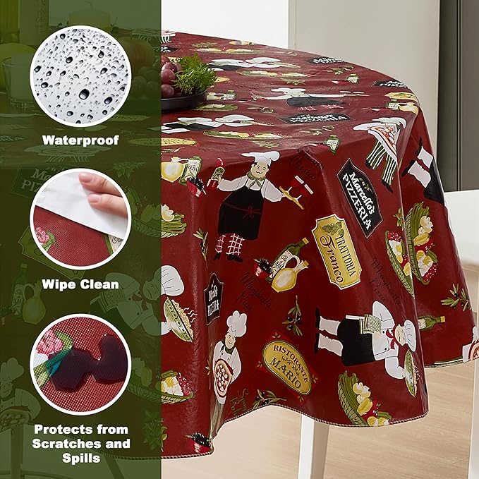 Newbridge 70 Inch Round Vinyl Tablecloth with Flannel Backing, Italian Red Bistro Chef, Novelty Chef Indoor Outdoor Waterproof Table Cover for Picnic, Barbecue, Patio and Kitchen Dining