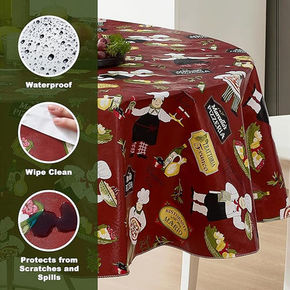 Newbridge 70 Inch Round Vinyl Tablecloth with Flannel Backing, Italian Red Bistro Chef, Novelty Chef Indoor Outdoor Waterproof Table Cover for Picnic, Barbecue, Patio and Kitchen Dining
