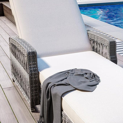 Merax Patio Lounge Chair, Outdoor Rattan Chaise Lounge with 4 Adjustable Backrest and Armrests, All Weather Wicker Reclining Pool Sunbathing Chair & Soft Removable Cushions for Poolside, Garden, Beige
