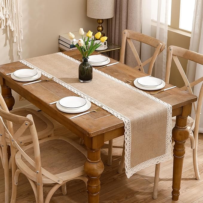 Burlap Table Runner Natural Jute Braided Table Runner 13''x 120'' Long Farmhouse Table Runners with Beige Lace for Spring Summer Parties BBQ's Holidays Rustic Vintage Dining Table Runner
