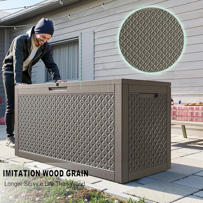 121 Gallon Outdoor Storage Box, New Classic Deck Box with Hydraulic Lid, Durable Waterproof Resin Storage Bin for Patio Furniture, Garden Tools, Cushions, Pool Accessories, Grey