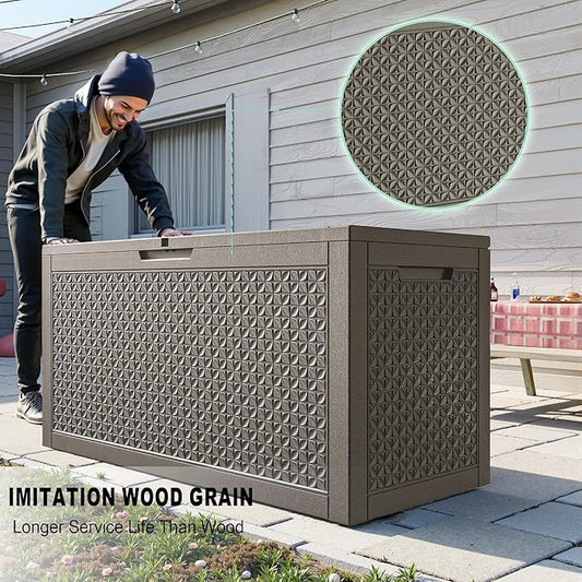 121 Gallon Outdoor Storage Box, New Classic Deck Box with Hydraulic Lid, Durable Waterproof Resin Storage Bin for Patio Furniture, Garden Tools, Cushions, Pool Accessories, Grey