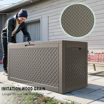 ROJIK 110 Gallon Deck Box Outdoor, Waterproof Outdoor Storage Boxes with Lids, Outside Resin Lockable Storage Box for Patio Cushions, Garden Tools(Grey)