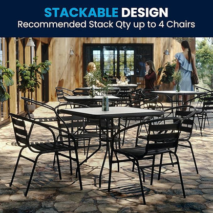 Flash Furniture 5-Piece Patio Dining Set with 31.5" Square Glass Metal Table and 4 Stackable Slat Back Chairs, Indoor/Outdoor Bistro Set, Black