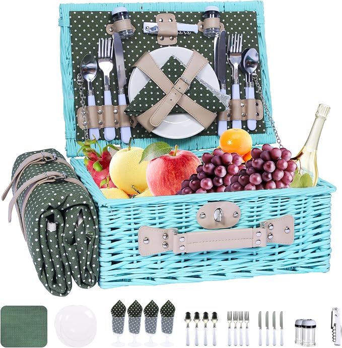 YPshuye Wicker Picnic Basket Set for 4, Blanket, Cooler Bag, Green Dots | Four-Person Wicker Set Includes Tableware, Insulated Food Storage and Waterproof Blanket for Parks, Camping, Dates and Gifts