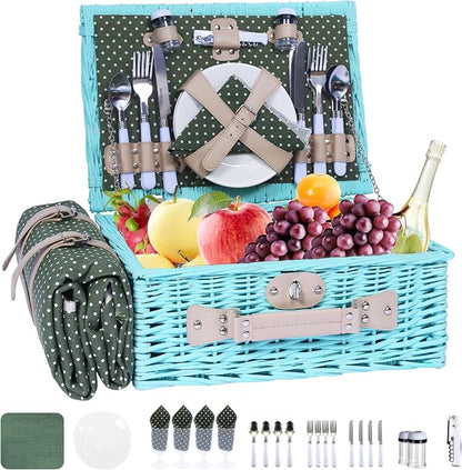YPshuye Wicker Picnic Basket Set for 4, Blanket, Cooler Bag, Green Dots | Four-Person Wicker Set Includes Tableware, Insulated Food Storage and Waterproof Blanket for Parks, Camping, Dates and Gifts