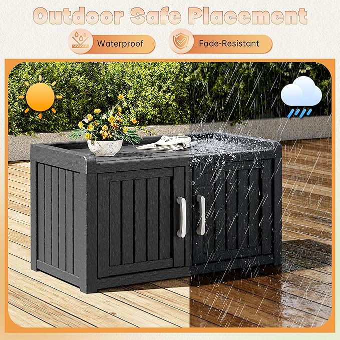 Bifanuo Shoe Storage Cabinet, 2-Door Outdoor Storage Bench with Adjustable Shelves, Waterproof UV-Resistant for Hallway, Living Room, Entryway, Large Capacity Modern Organizer (Black)