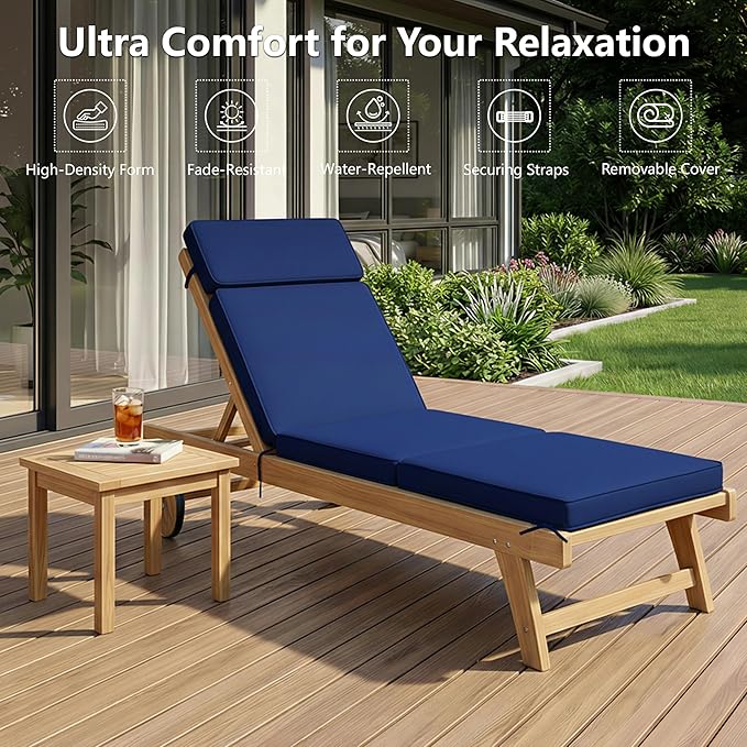 72 x 21 Inch Outdoor Chaise Lounge Cushion - Removable Cover, 4-Section Design, Water-Repellent & Fade-Resistant, 6 Tie Straps, Replacement for Patio & Pool Chairs - Navy