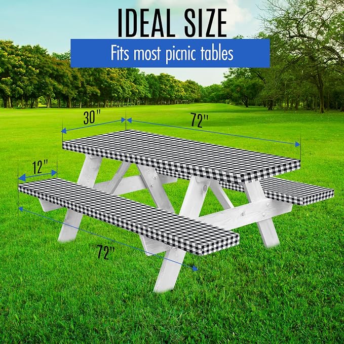 LINPRO Premium Picnic Table Cover with Bench Covers Vinyl Fitted Elastic RV Camping Accessories and Camper Must Haves Waterproof (Black Gingham, 72 x 30 (6ft) with skewers