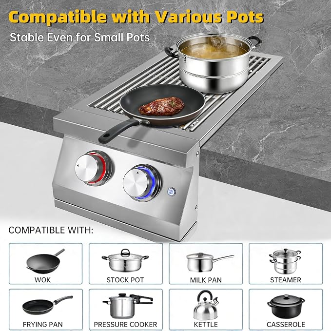 Double Side Burners-NG with Cast Brass Burner | Heavy-Duty 304 Stainless Steel, Built-in Side Burners with LED for Outdoor Kitchen BBQ Island