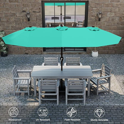 Kingdura 15ft Large Patio Umbrella with Solar Lights, Double-Sided Rectangle Outdoor Table Umbrella with Base Included, 12 Reinforced Ribs, 48 Led Lights, Crank Lift for Market Pool Deck, Tiffany blue