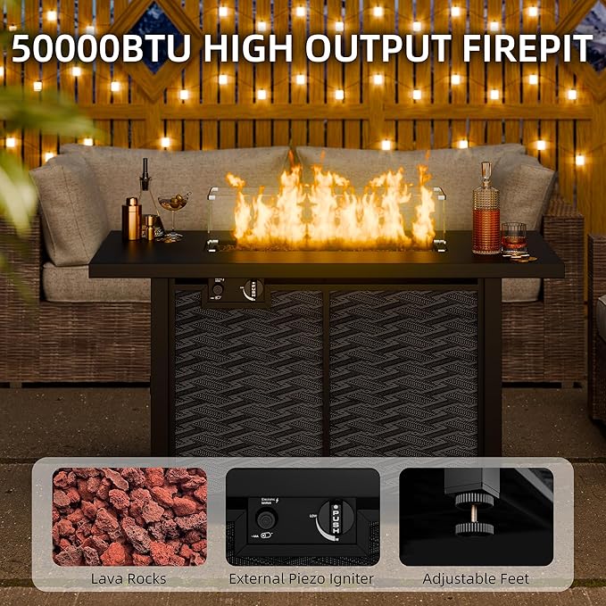 43" Propane Fire Pit Table with Glass Wind Guard & Lid, 50,000 BTU Outdoor Gas Fireplace, Weather-Resistant, Smokeless 2-in-1 Rectangular Coffee Table for Patio Garden