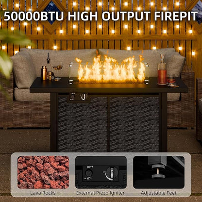 43" Propane Fire Pit Table with Glass Wind Guard & Lid, 50,000 BTU Outdoor Gas Fireplace, Weather-Resistant, Smokeless 2-in-1 Rectangular Coffee Table for Patio Garden