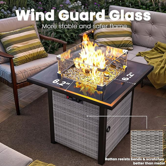 Propane Outdoor Fire Pit Table, 28" Rattan Square Fire Pit Table, Outdoor Gas FirePit With Glass Wind Guard, Tempered Glass Tabletop, Lid, CSA Listed, 50,000 BTU, Outside Patio & Garden, Grayish-White