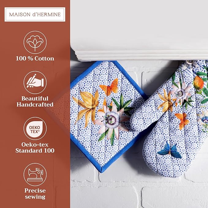 Maison d' Hermine 100% Cotton Oven Mitt & Pot Holder Set (7.5"x13" & 8"x8") Heat Resistant BBQ Cooking Gloves with Loop Baking Grilling Kitchen Hotel Home Farmhouse Spring Summer (Passiflora)