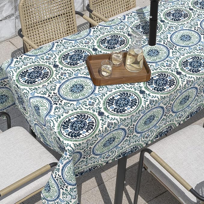 Outdoor Rectangle Tablecloth, 60×84 Inch Water Repellent Picnic Table Cover with Umbrella Hole Zipper for Patio Family Meal, Celadon Wreath