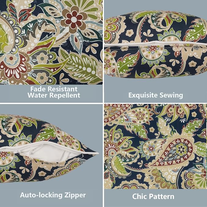 LVTXIII 2 Pack Outdoor Lumbar Pillow Covers 12x20 Inch with Piping, Water-Repellent Back Cushion Covers ONLY for Patio Furniture, Sofa, Garden Bench, Paisley Bloom