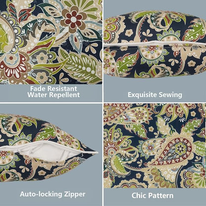 LVTXIII 2 Pack Outdoor Lumbar Pillow Covers 12x20 Inch with Piping, Water-Repellent Back Cushion Covers ONLY for Patio Furniture, Sofa, Garden Bench, Paisley Bloom