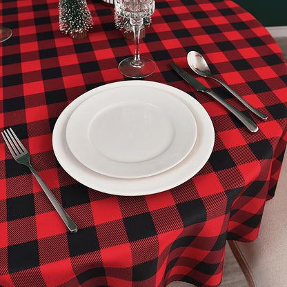 Waterproof Plaid Tablecloth Fabric - Round 58 Inch Classic Gingham Checker Table Cloth for Indoor/Outdoor Use - Buffalo Table Cover for Picnics, BBQs, and Parties