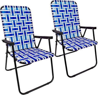 Lawn Chair Folding Steel Webbing Chaise Patio Lounger Seat Wood Handles Great for Camping, Beach, Fishing, Backyard, Stadium, Pool, Boating, and Sports 2 Pack Blue