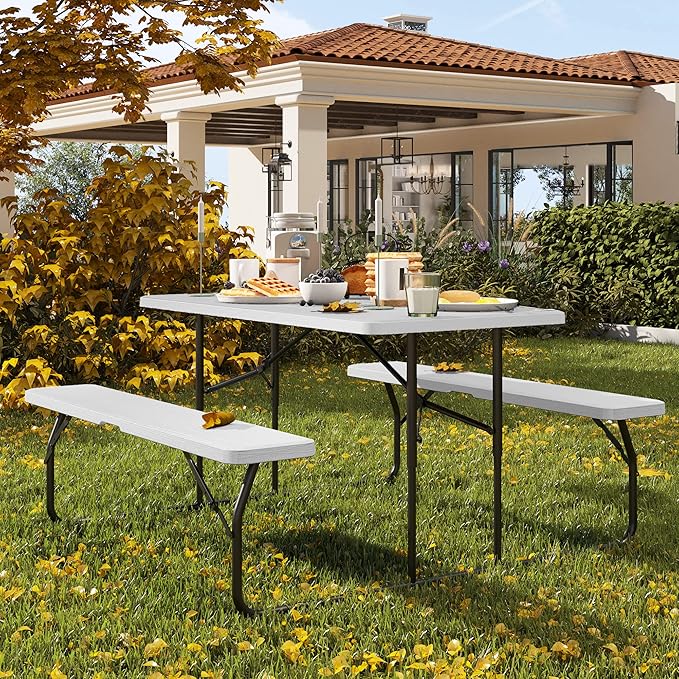 YITAHOME Heavy Duty Picnic Table Outdoor Picnic Table and Bench with Weatherproof Resin Tabletop & Stable Steel Frame for Yard Patio Lawn Party White