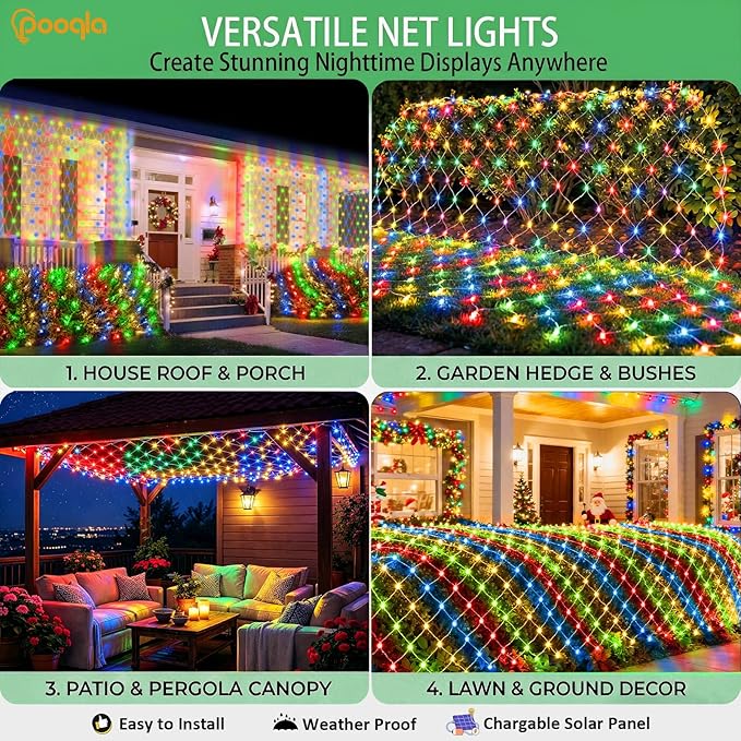 Pooqla Solar Net Lights, 21x5ft 360LED Christmas Net Lights Outdoor with 8 Modes, Solar & USB Powered Waterproof Green Wire Net Mesh String Lights for Bush Backyard Patio Decor, Colorful