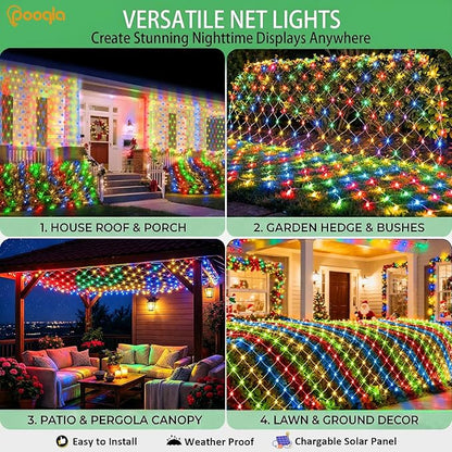 Pooqla Solar Net Lights, 21x5ft 360LED Christmas Net Lights Outdoor with 8 Modes, Solar & USB Powered Waterproof Green Wire Net Mesh String Lights for Bush Backyard Patio Decor, Colorful