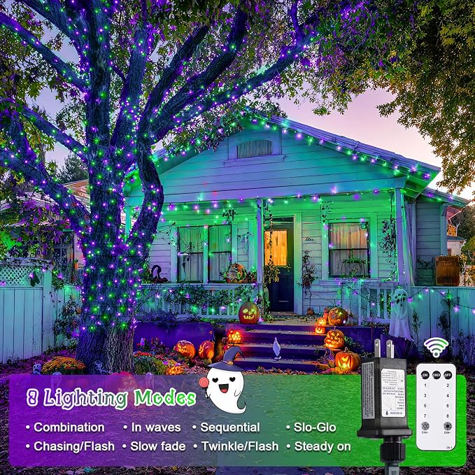 JMEXSUSS 400 LED Purple and Green Halloween Lights | 132ft Remote Control Halloween String Lights Plug in, Christmas Lights Indoor Outdoor for Yard Tree Porch Halloween Decor