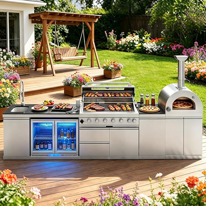 147" Modular Outdoor Kitchen,120,000 BTU Stainless Steel Propane Grill with Built-In Pizza Oven,Rotisserie,Double Door Refrigerator,Granite Countertop,Storage Drawers & Cabinets.